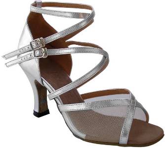 argentine tango shoe-VF 1630-Silver Leather & Flesh Mesh