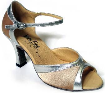 argentine tango shoes-Open Toe Dance Shoe-VF 6024-Flesh (Light Brown) Satin & Silver Trim