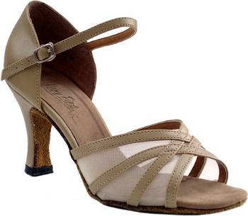 argentine tango shoes-VF 6027 - Open Toe Dance Shoe-Brown Satin & Flesh Mesh